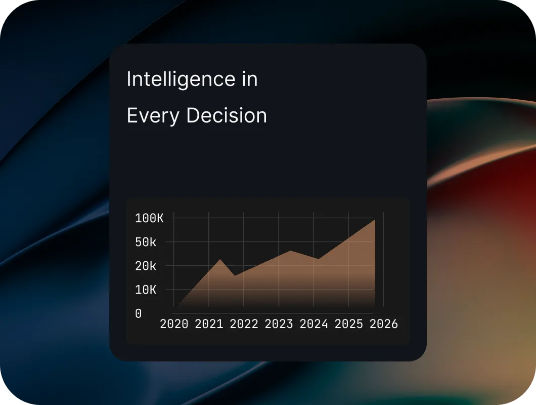 A stat-card mockup showing 520k+ data points and a trend chart spanning 2020 to 2026.