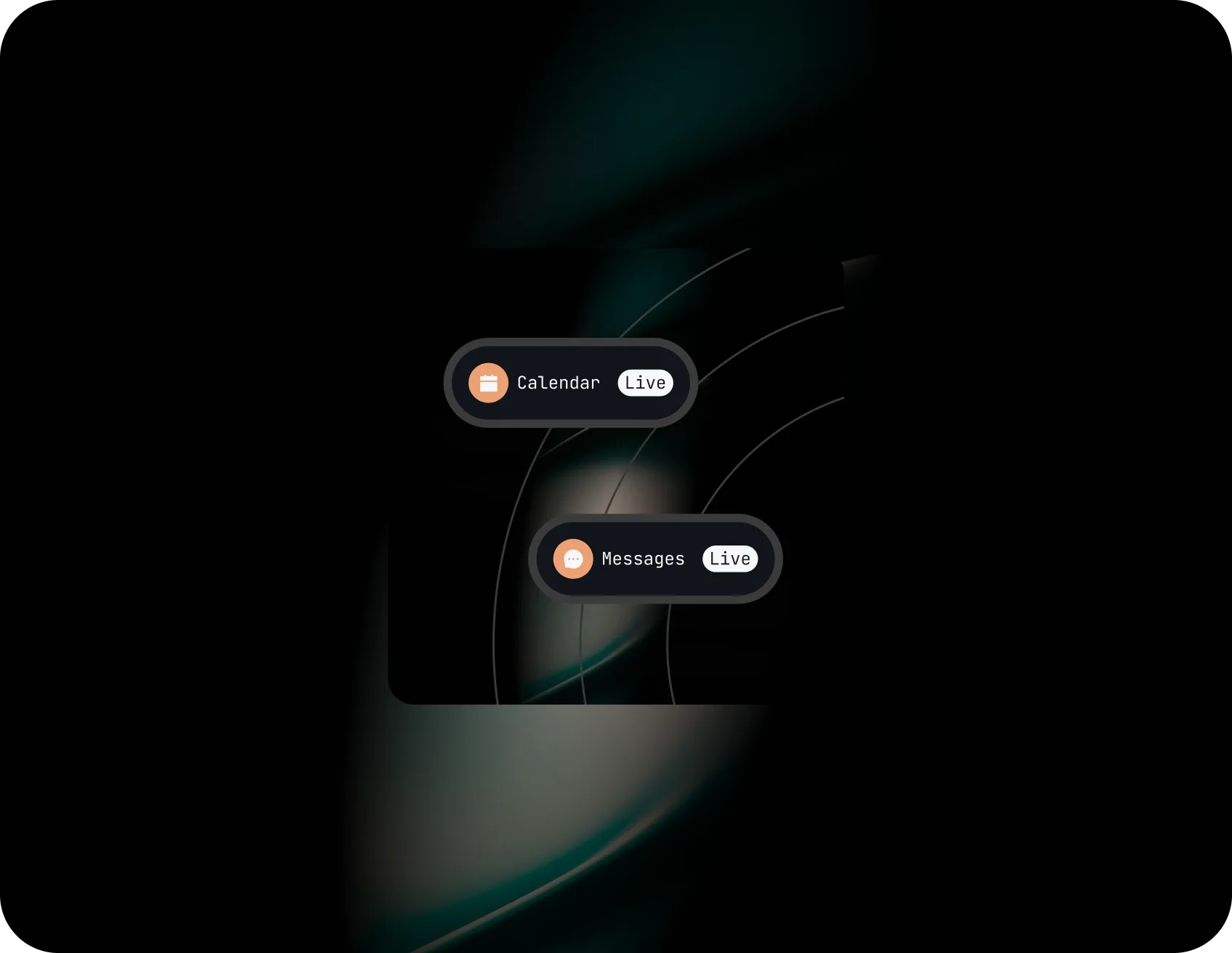 A workspace composition with overlaid chips, chart, and dashboard tiles representing the client experience.
