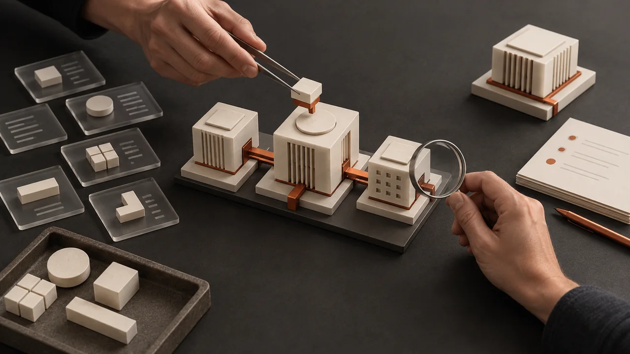 Hands assemble and inspect connected modules, illustrating human review and integration in AI-assisted software delivery.