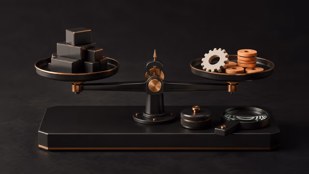 Concept illustration of a balance weighing implementation blocks against a gear and task tokens