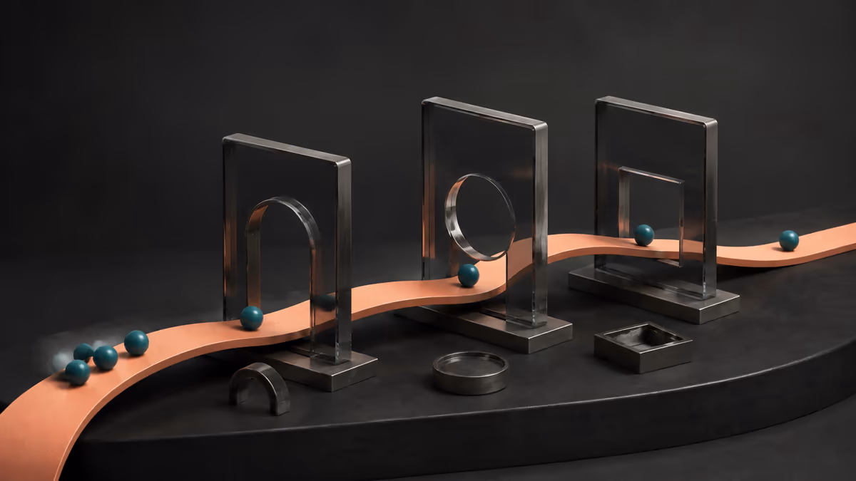 Conceptual 3D experiment checkpoints along a peach ribbon with interchangeable gateway shapes