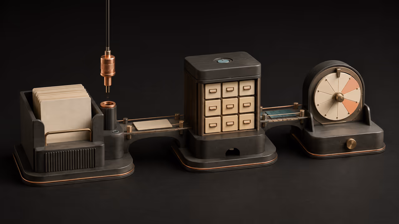 Concept illustration of intake cards, a records cabinet, and a scheduling wheel joined by physical connectors