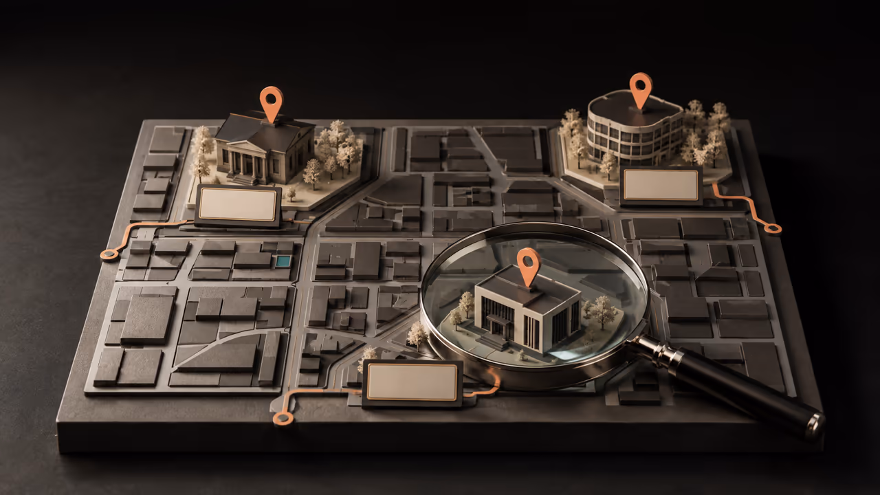 Concept illustration of three distinct offices on a neighborhood map with location pins and a magnifying lens