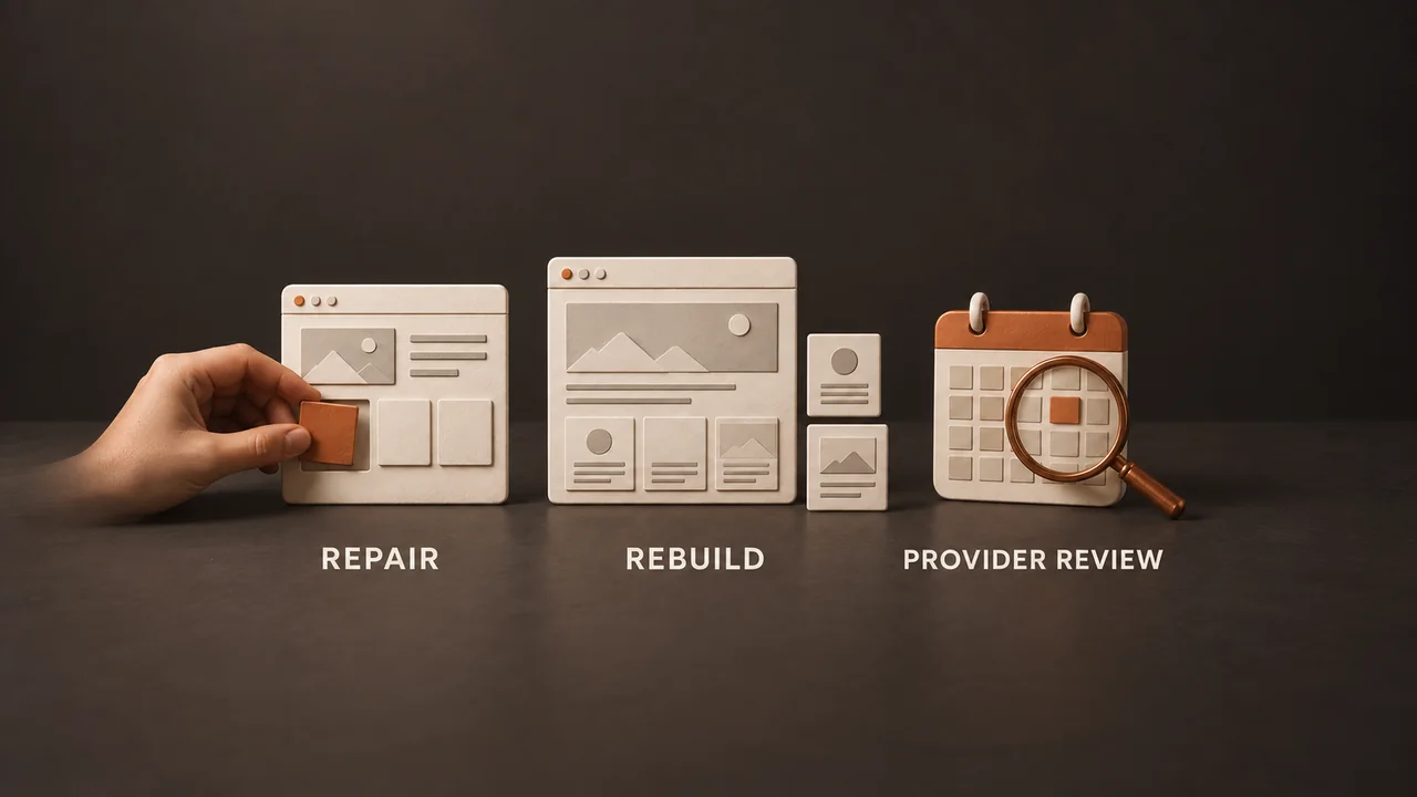 Three alternatives: repair one part of the website, rebuild its public pages, or review the existing booking platform.