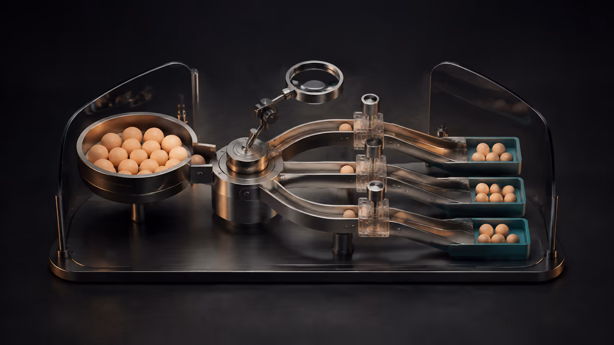 Conceptual 3D budget-allocation instrument with three gated channels and an inspection lens