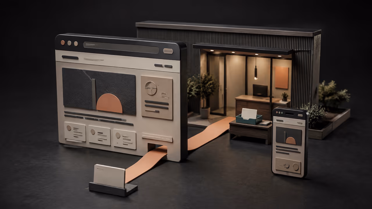 Concept illustration of desktop and mobile website frames with an inquiry path to a practice reception desk