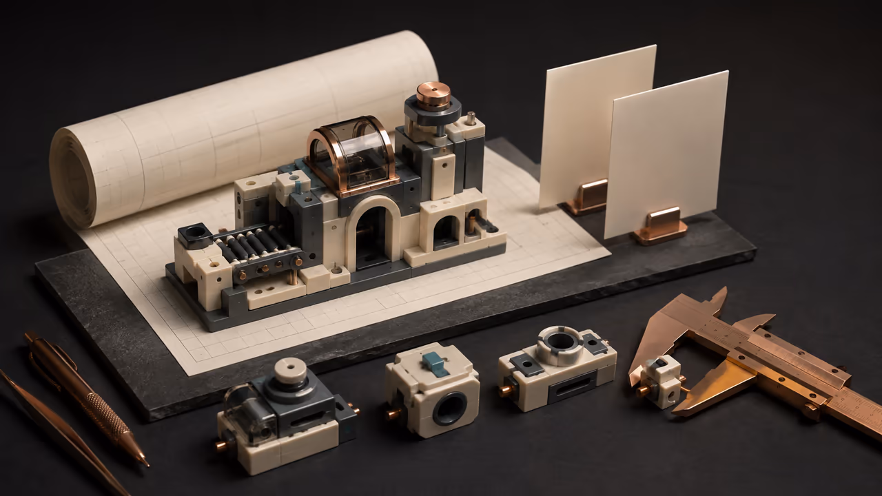 Concept illustration of a planning workbench with a blueprint, modular assembly, caliper, and blank project cards