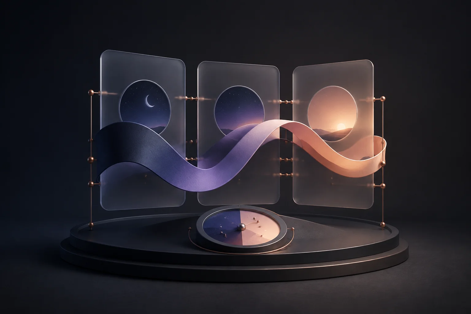 Concept illustration of night-to-morning sleep data connected across glass panels.