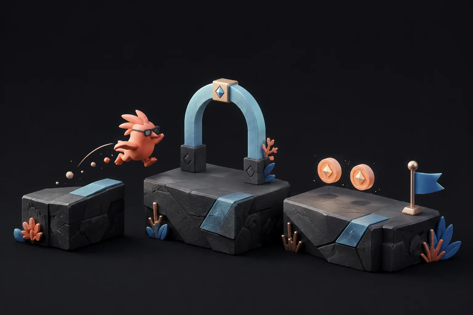 Concept illustration of a bird-like runner crossing a miniature game course.
