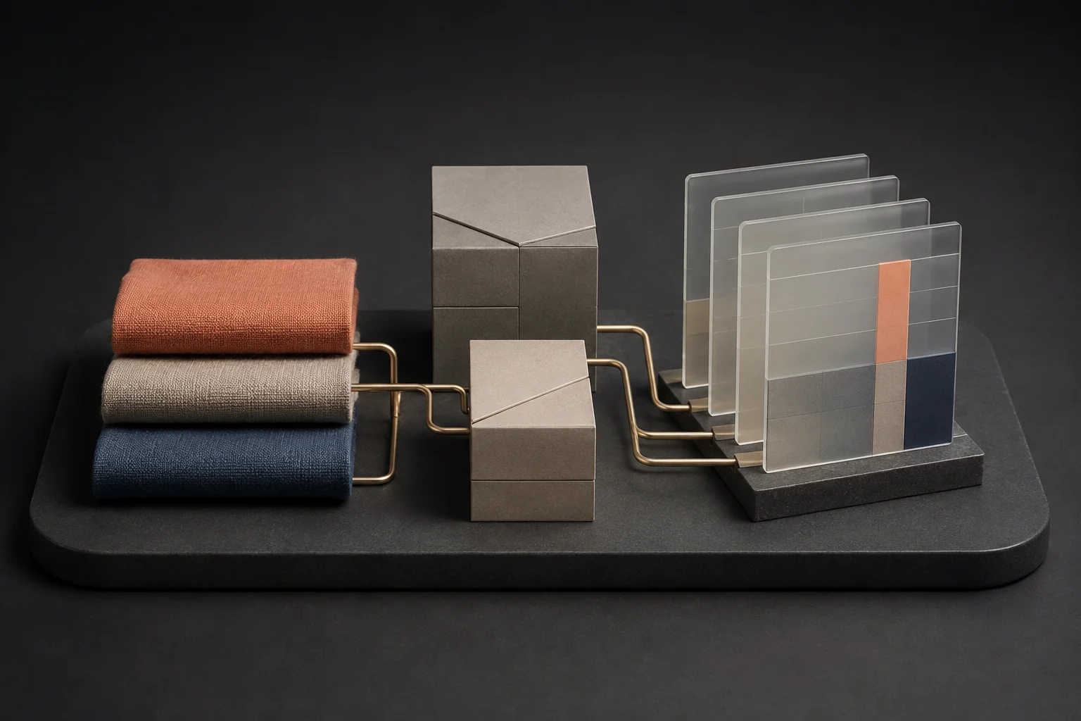 Concept illustration of product and material data connected to reporting panels.