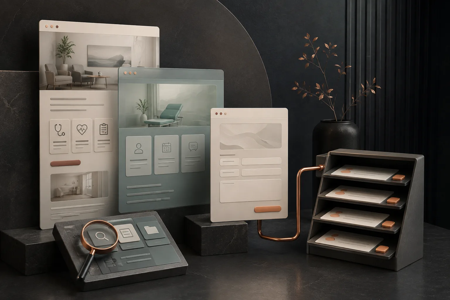 Concept illustration of practice website modules, search content and a form-to-staff handoff.