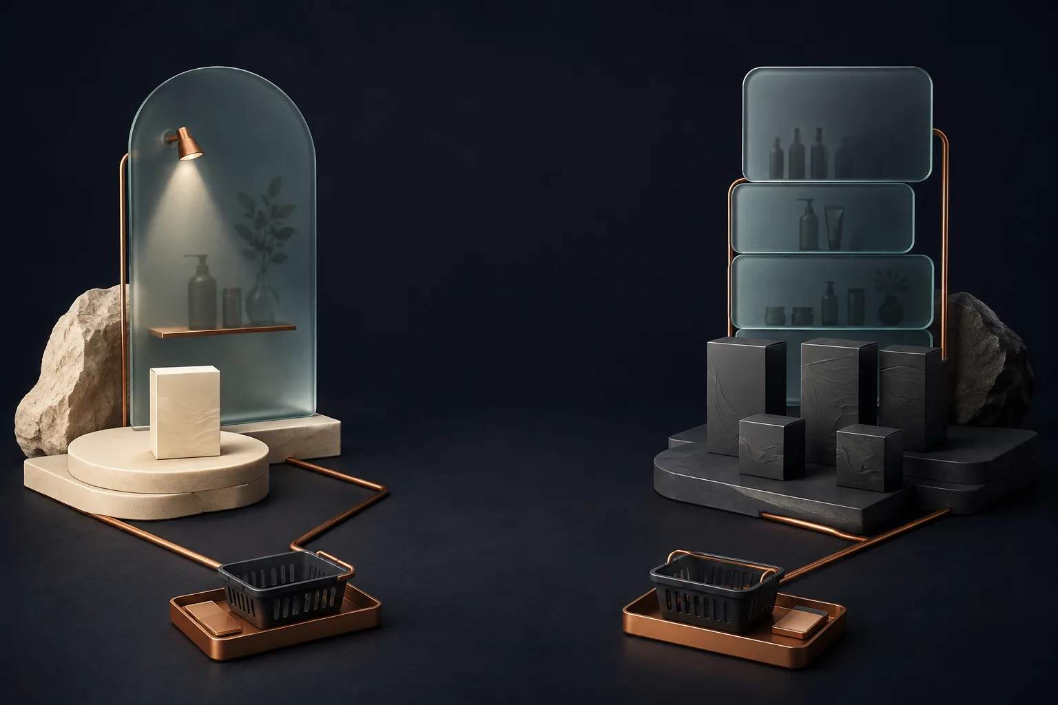 Concept illustration of retail and wholesale storefronts with separate catalog and checkout paths.