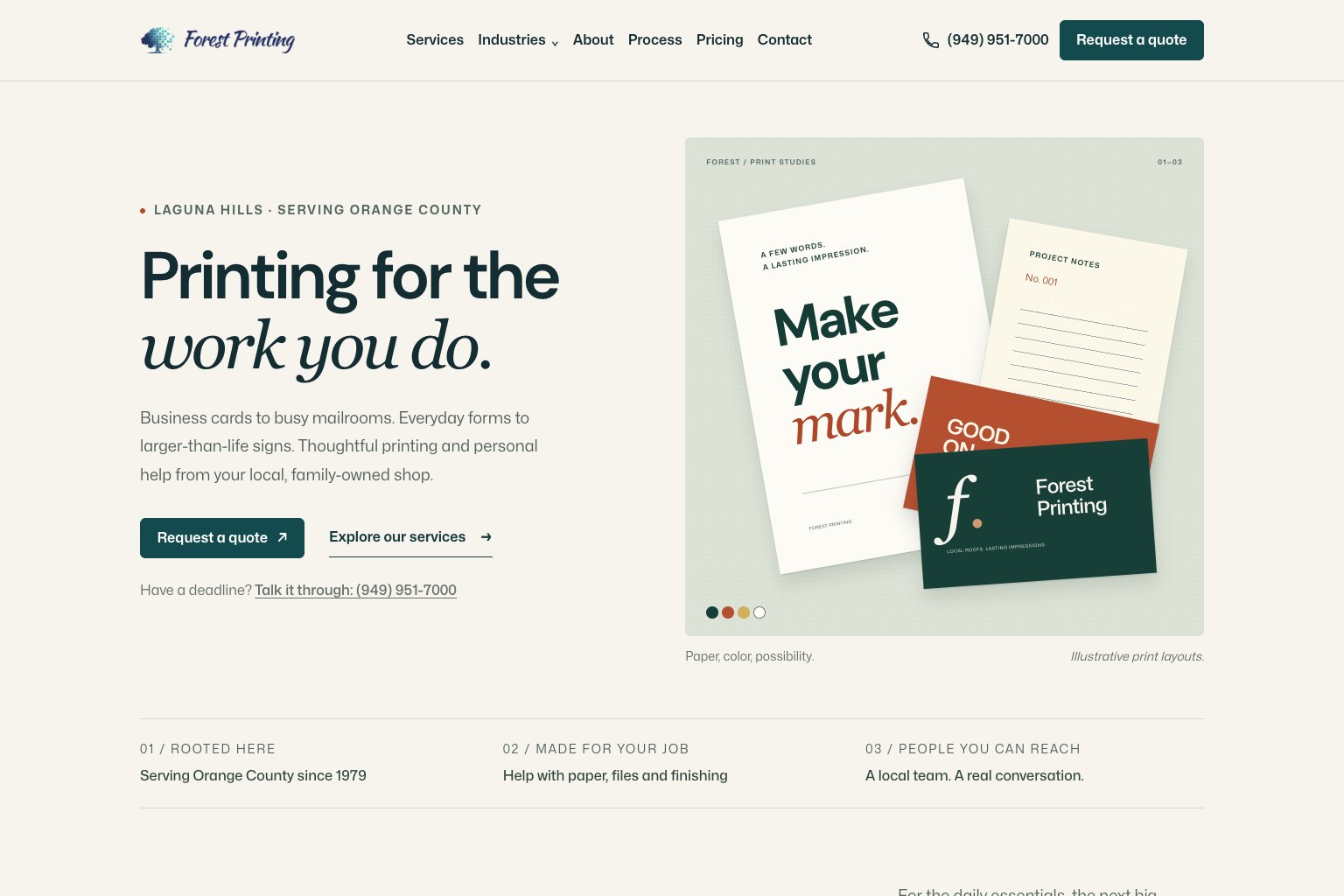 Forest Printing’s public website, with its service navigation and quote-request links.