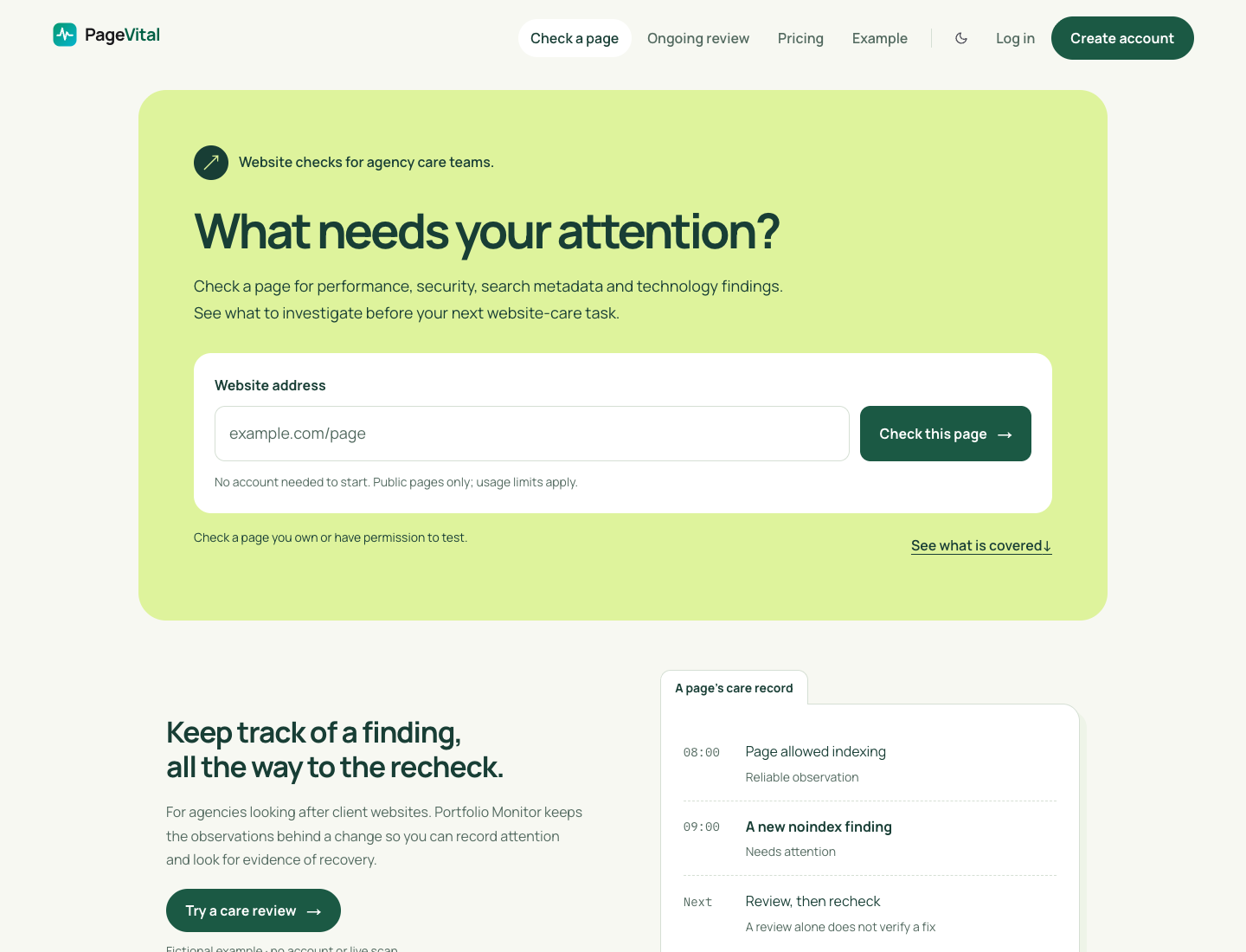 PageVital homepage with an immediate public-page URL checker and a chronological fictional care-record preview.