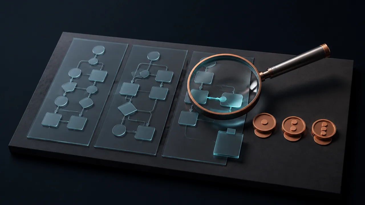 A magnifying lens highlights a workflow connection beside three ordered decision markers.