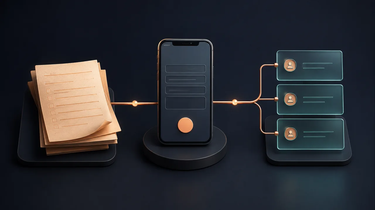 Paper forms transition to a mobile form and an organized set of appointment cards.