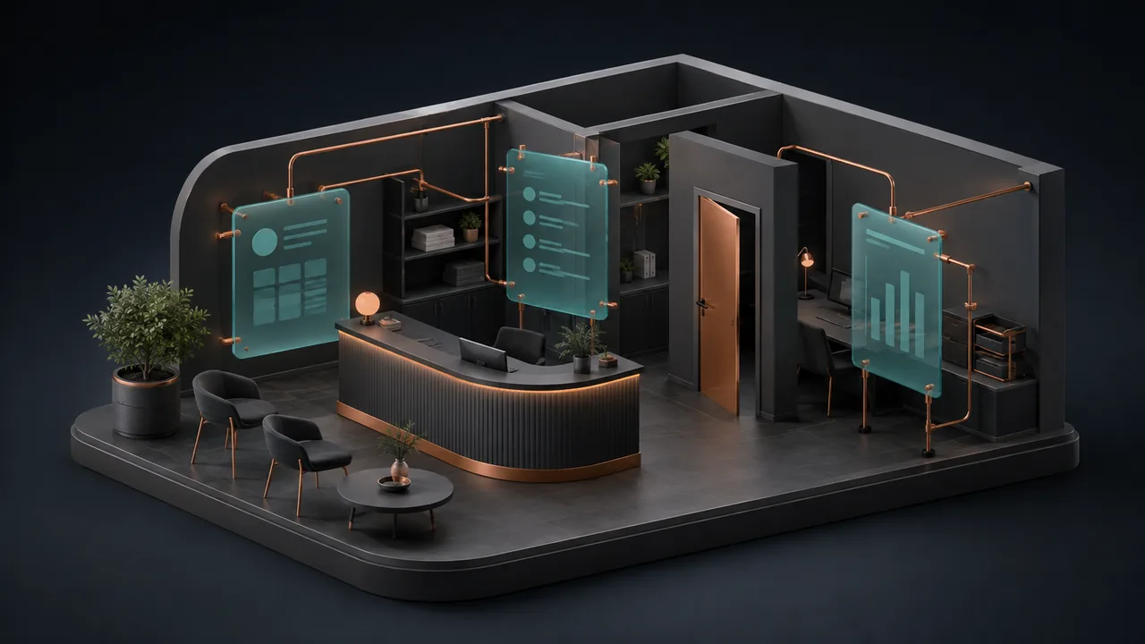 A miniature practice reception connects appointment, task and reporting panels.