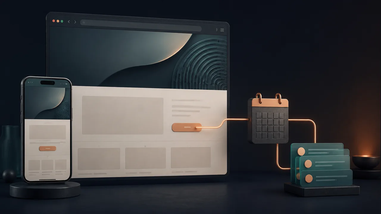 A responsive website on desktop and phone connects to a calendar and task cards.