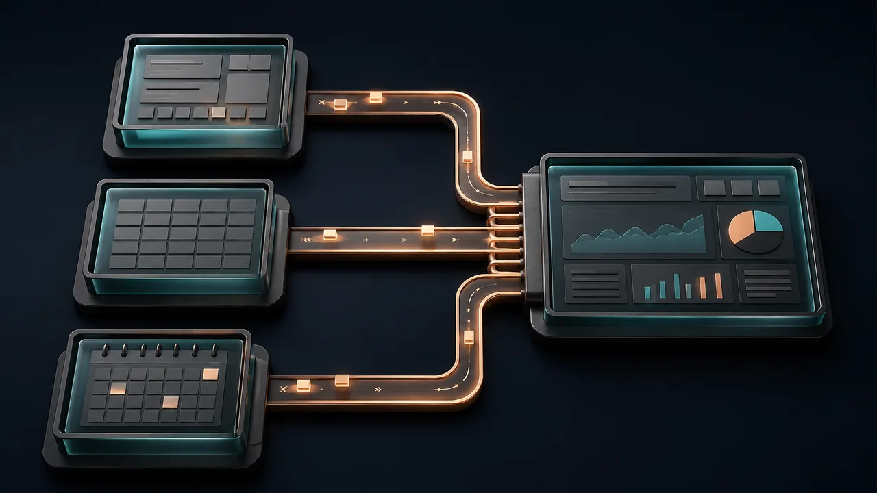 Separate form, grid and calendar modules connect to one reporting panel.