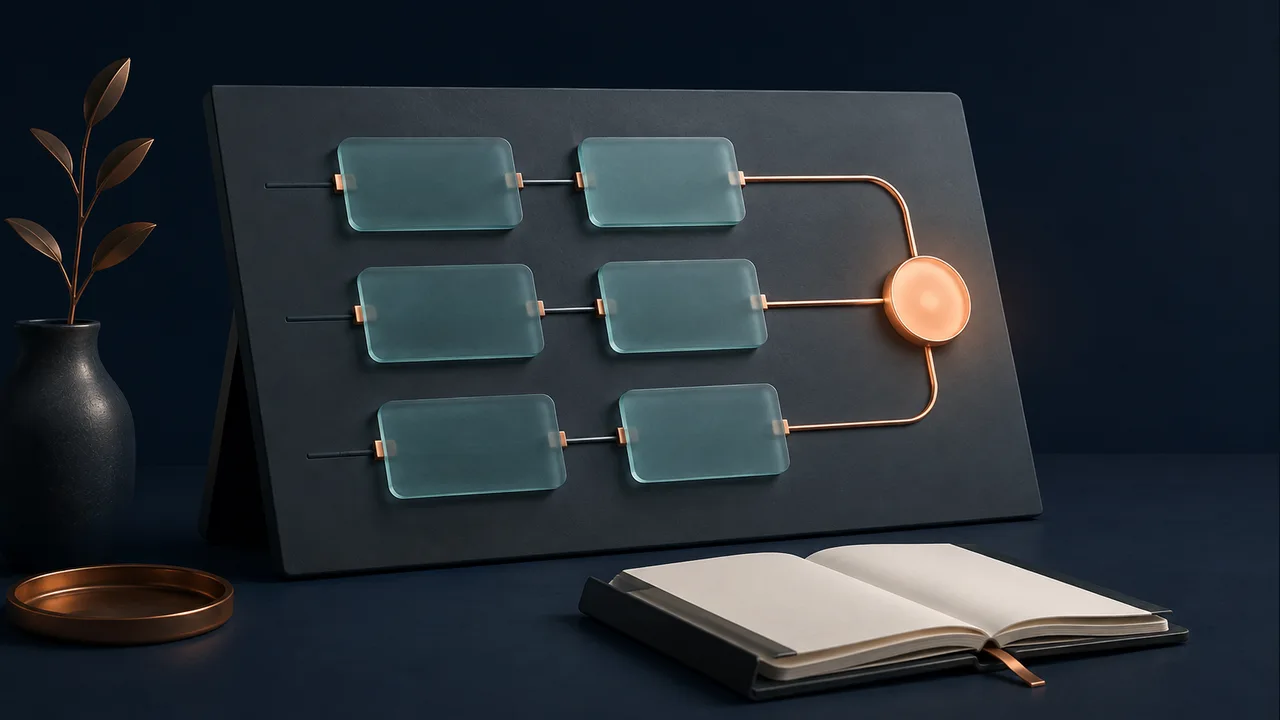 An orderly planning board connects task tiles to a shared milestone.