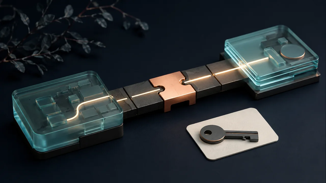 A copper connector joins two software modules across a continuous bridge.