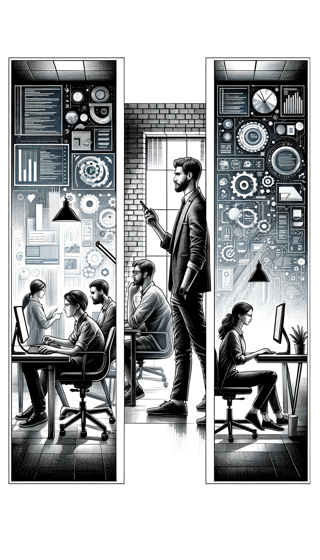 Triptych illustration of a modern tech office, showcasing detailed black and white artwork of employees working, technology interfaces, and data visualization screens.