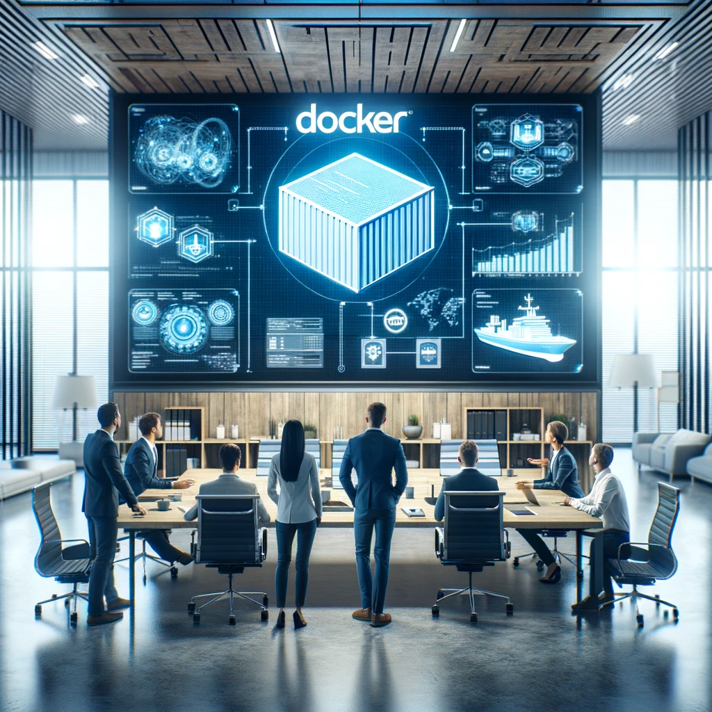 Team of Docker experts collaborating in a high-tech office environment, showcasing Docker containerization solutions.
