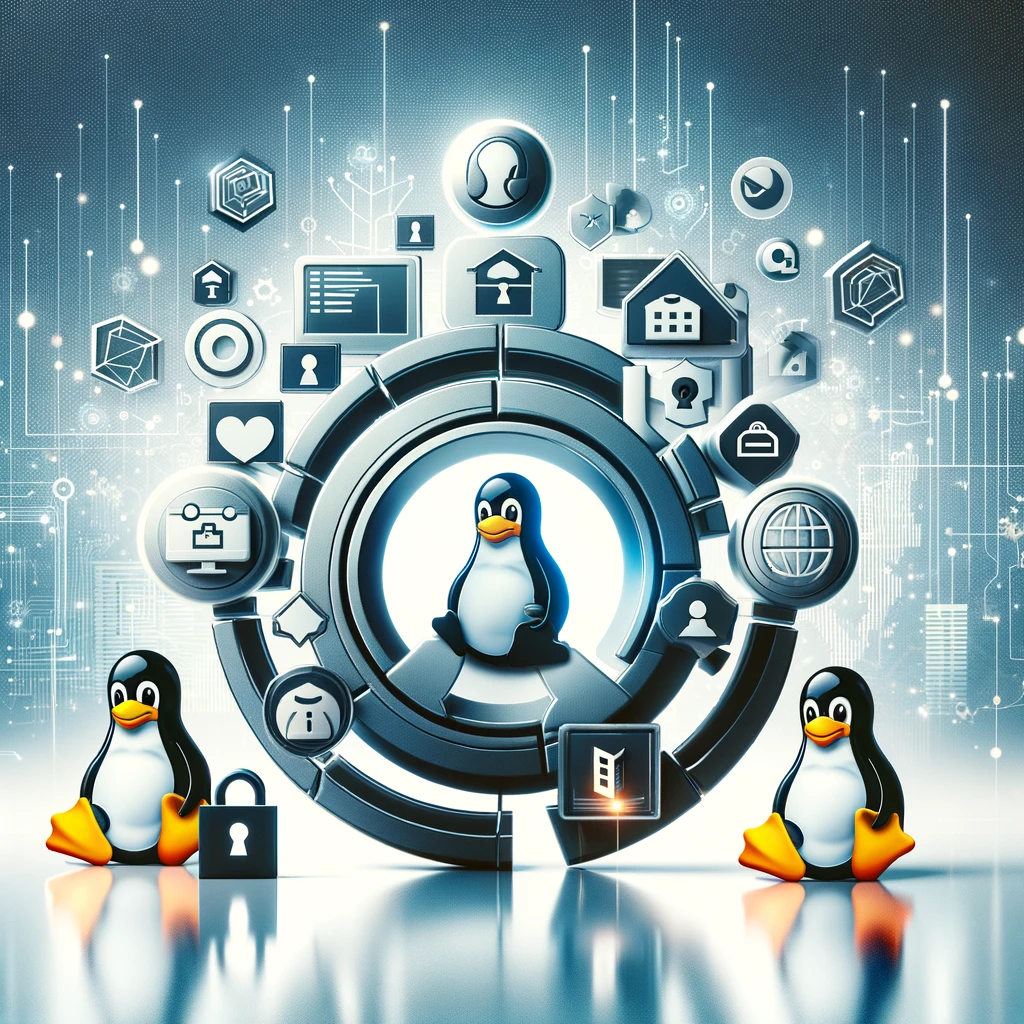 Professional Linux systems administration concept with security symbols, digital elements, and Linux penguins in a corporate environment.