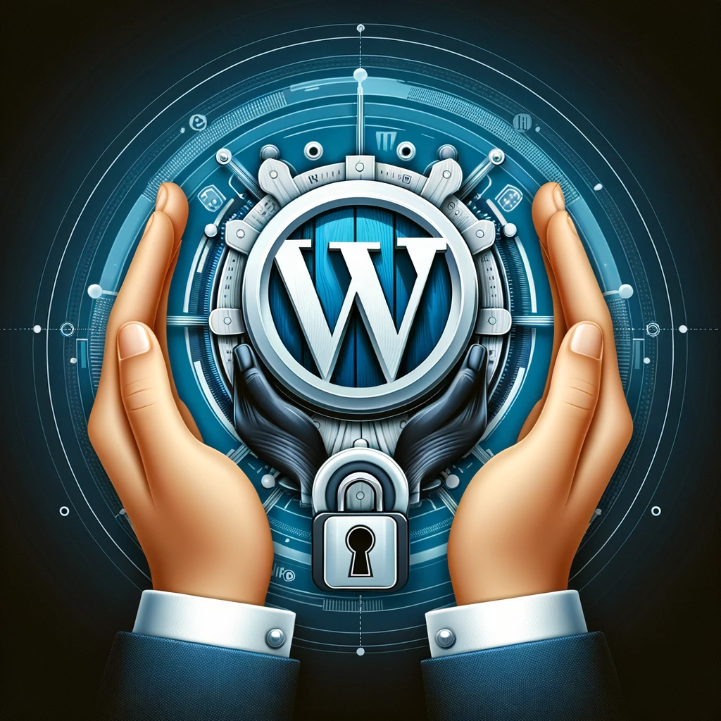 Illustration of WordPress logo shielded and polished by hands, symbolizing expert WordPress hosting, security, and optimization services by Modern Labyrinth.